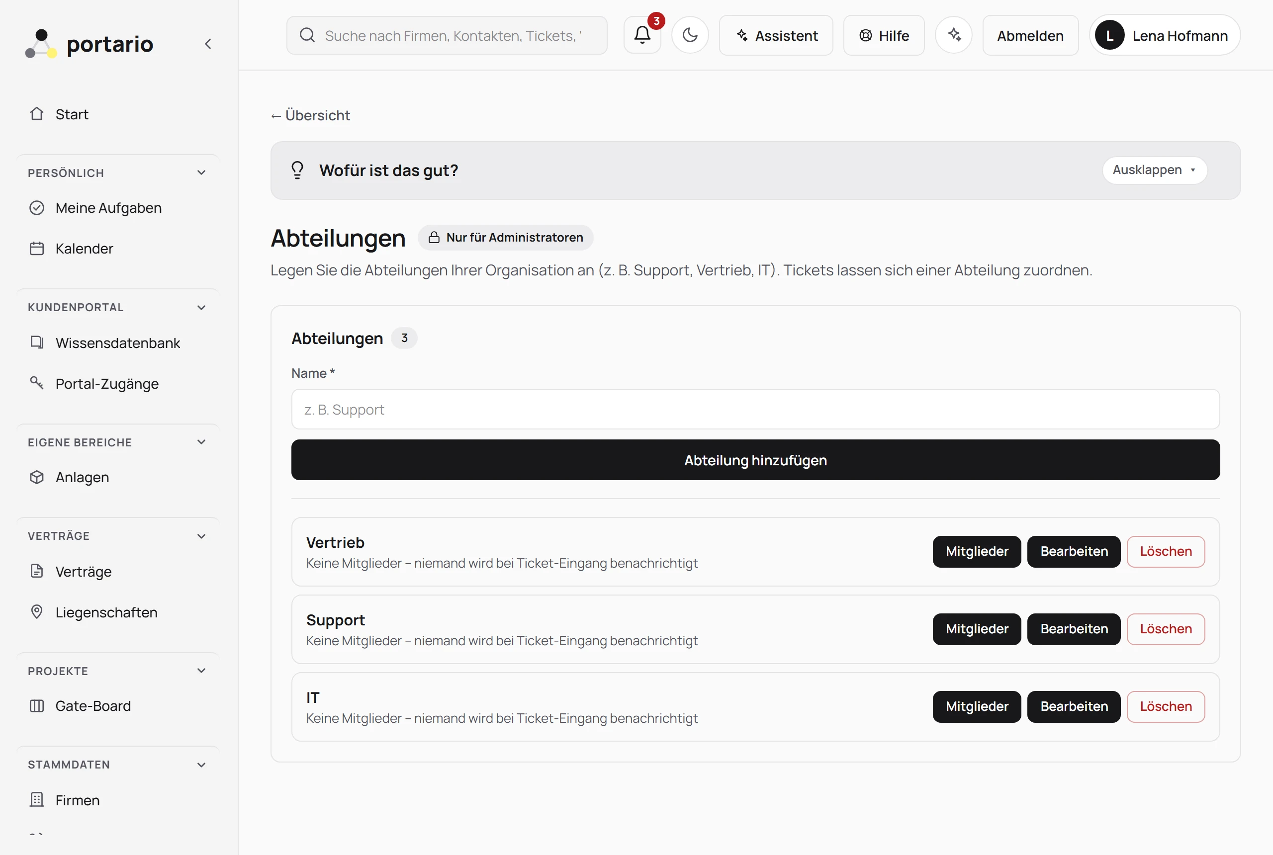 Abteilungsverwaltung für die Ticket-Verteilung