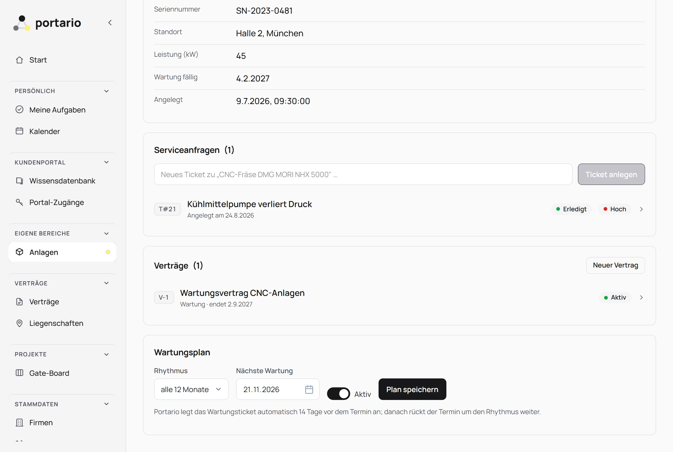 Anlage mit Wartungsplan und den Serviceanfragen, die zu ihr liefen