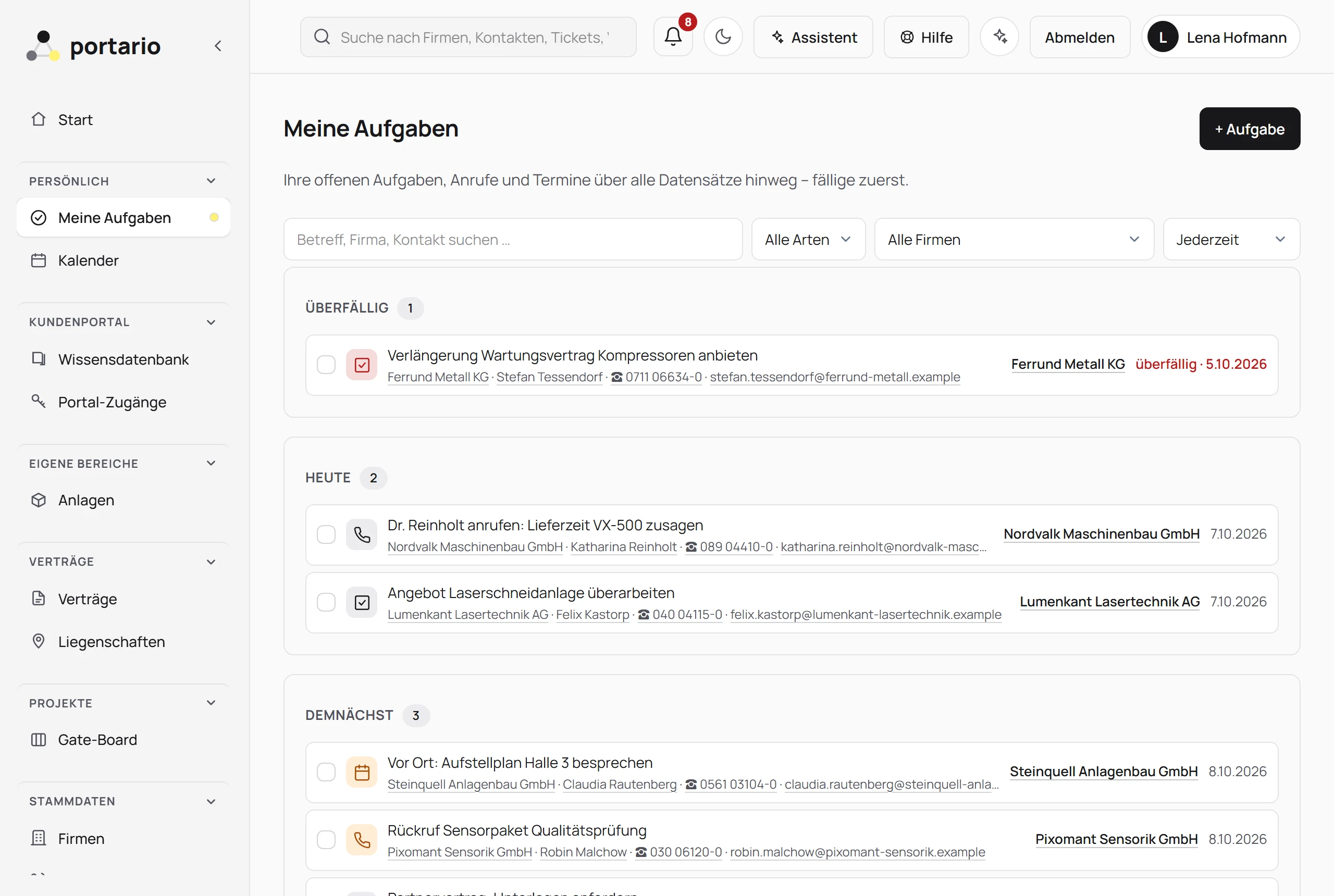 Meine Aufgaben: eine überfällige Wiedervorlage, zwei Anrufe und Aufgaben für heute, Termine der nächsten Tage, jeweils mit Firma und Kontakt