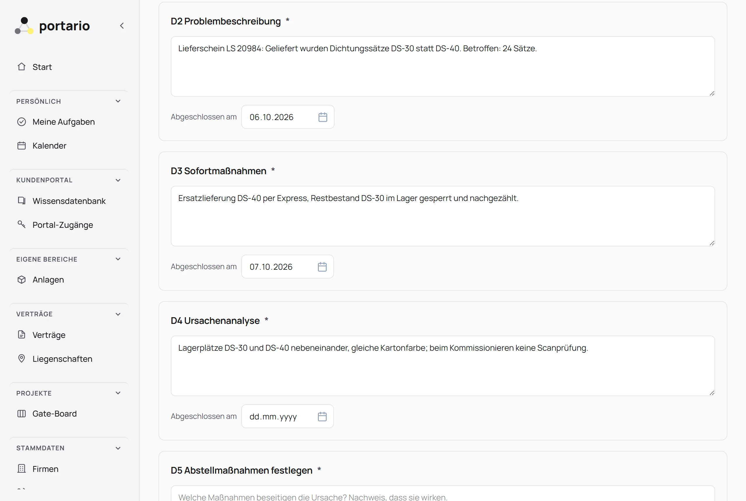 8D-Report zu einer Falschlieferung: Team, Problembeschreibung und Sofortmaßnahmen