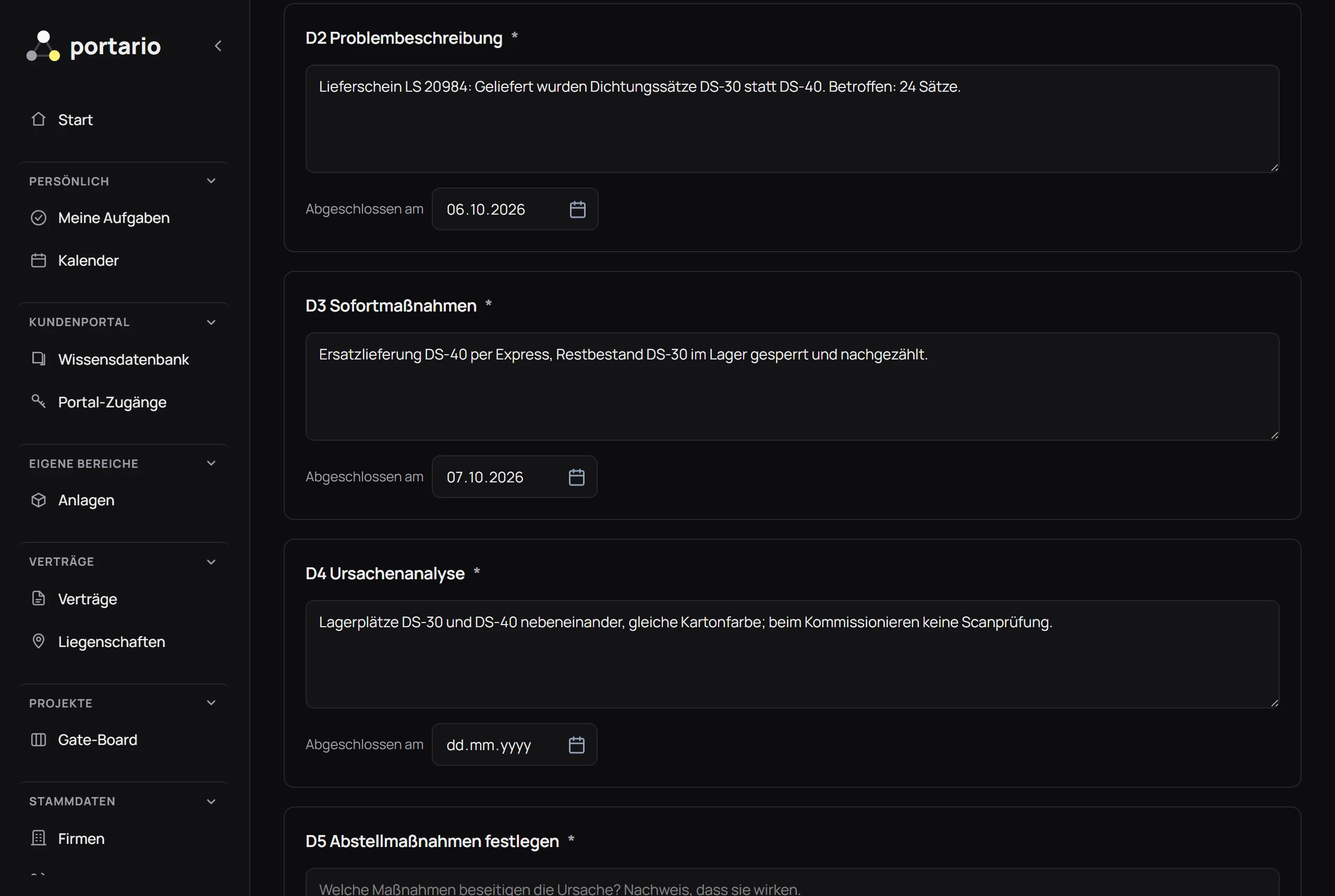 8D-Report zu einer Falschlieferung: Team, Problembeschreibung und Sofortmaßnahmen