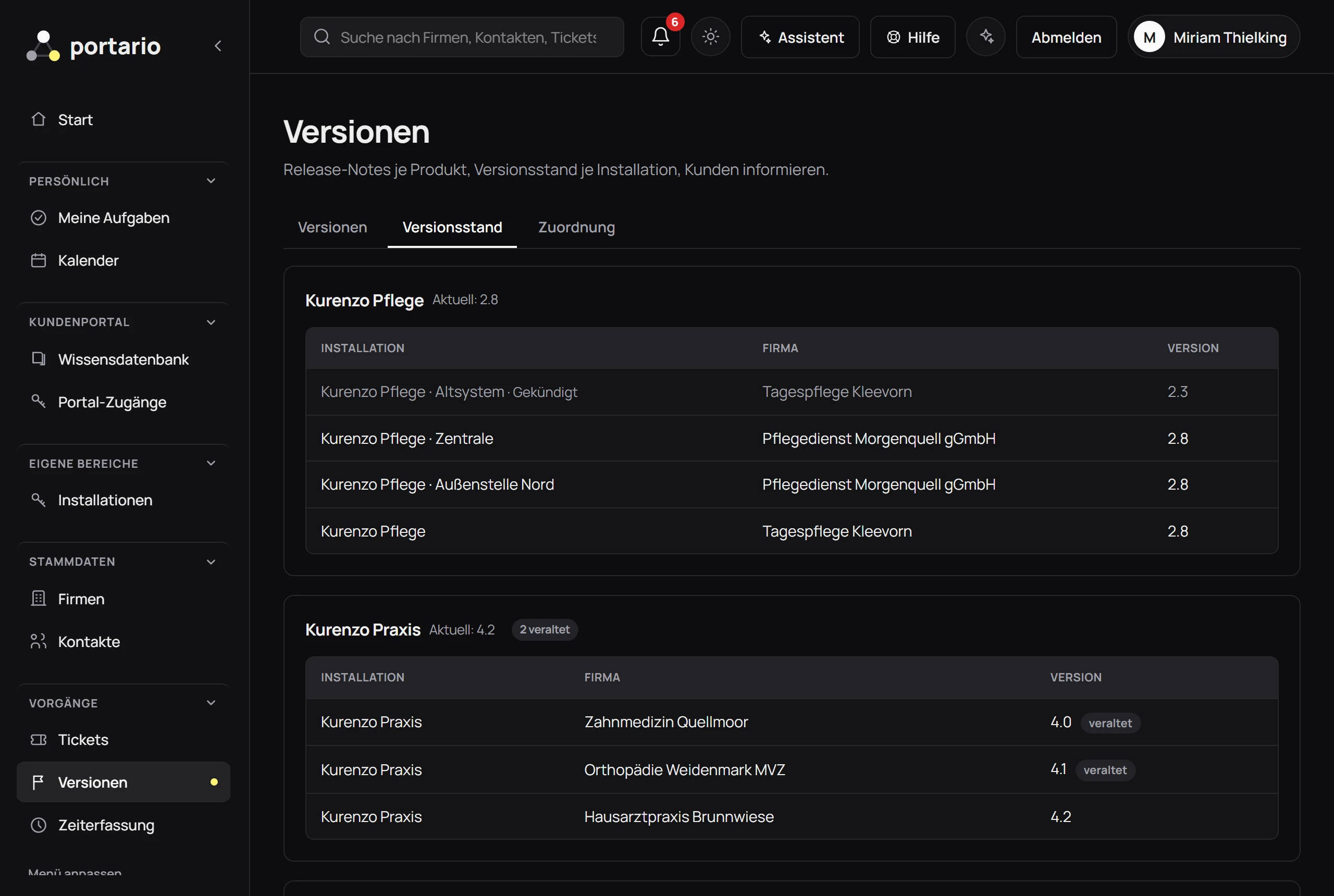 Versionsstand eines Softwareanbieters: Produkte Kurenzo Pflege und Kurenzo Praxis mit aktueller Version und den Installationen der Kunden, zwei davon als veraltet markiert