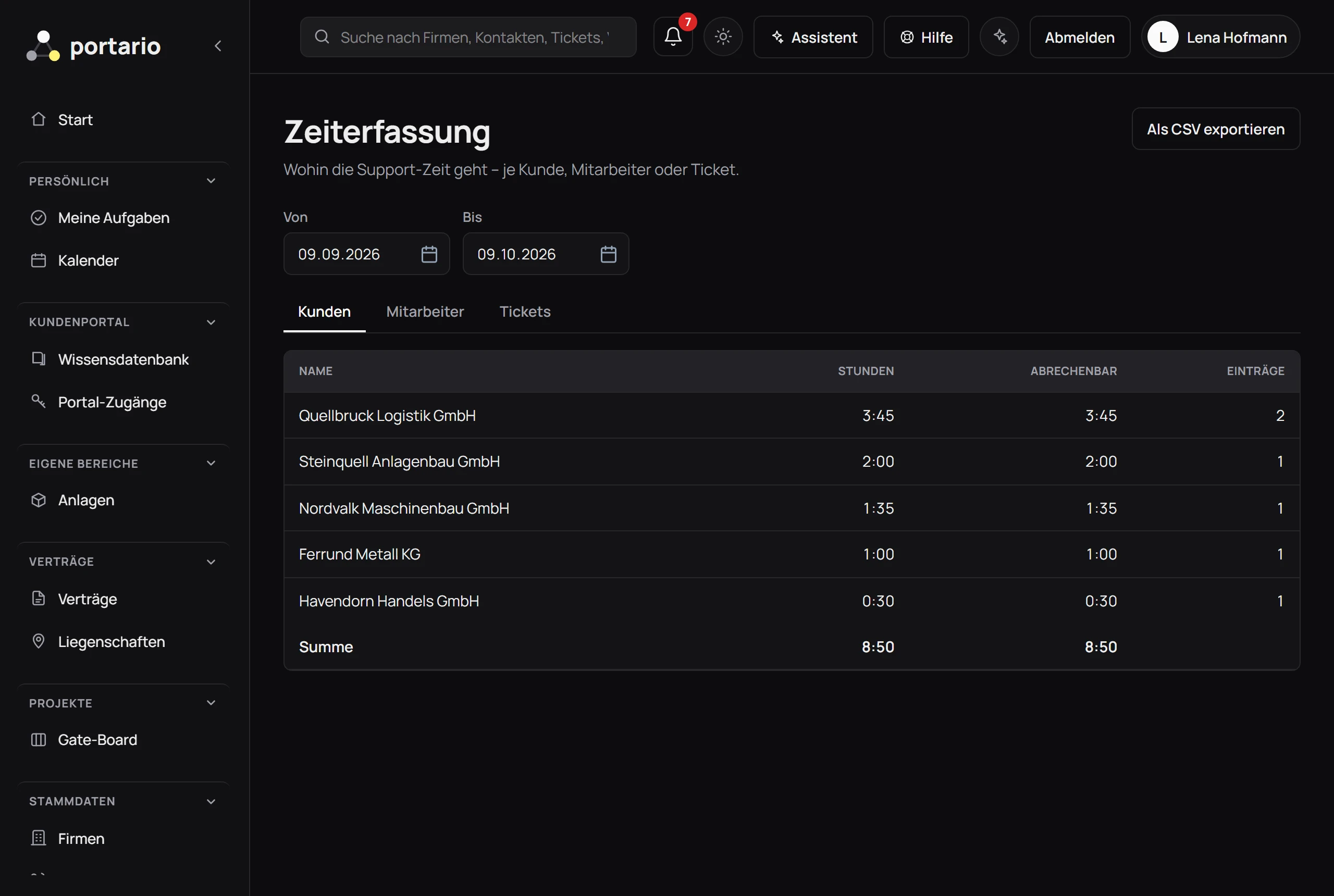 Zeiterfassung: Stunden je Kunde im gewählten Zeitraum, mit abrechenbarem Anteil und Summe
