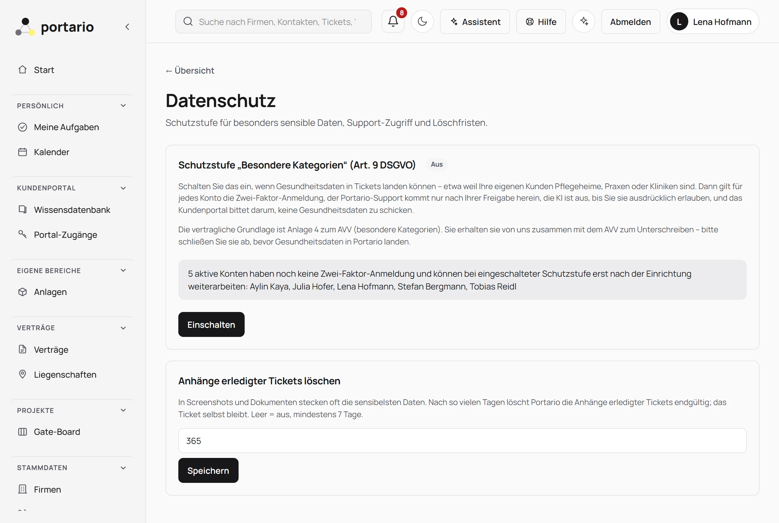 Datenschutz-Einstellungen: Schutzstufe für Gesundheitsdaten und Löschfrist für Anhänge erledigter Tickets