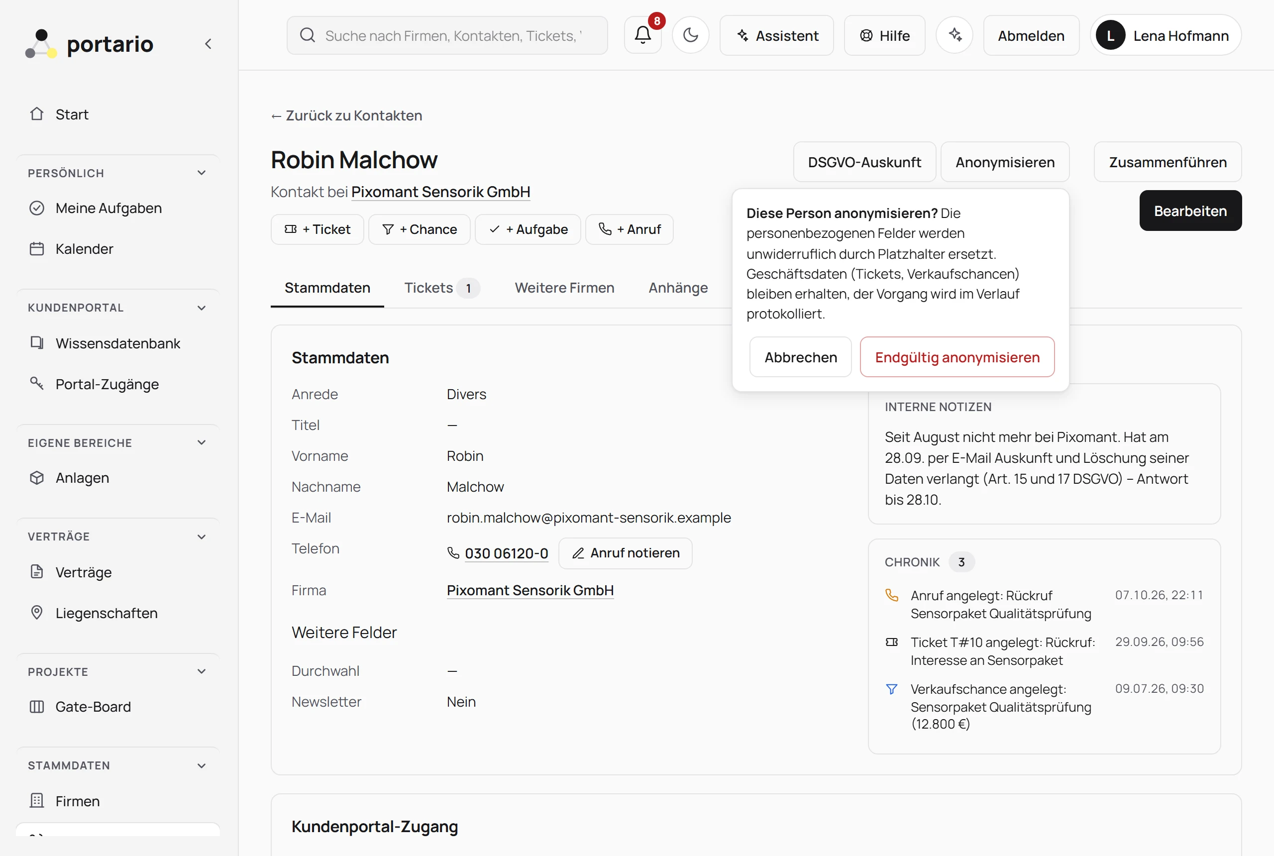 Kontaktakte eines ehemaligen Ansprechpartners mit Notiz zum Löschwunsch, Knöpfen „DSGVO-Auskunft" und „Anonymisieren" und offener Rückfrage „Diese Person anonymisieren?"