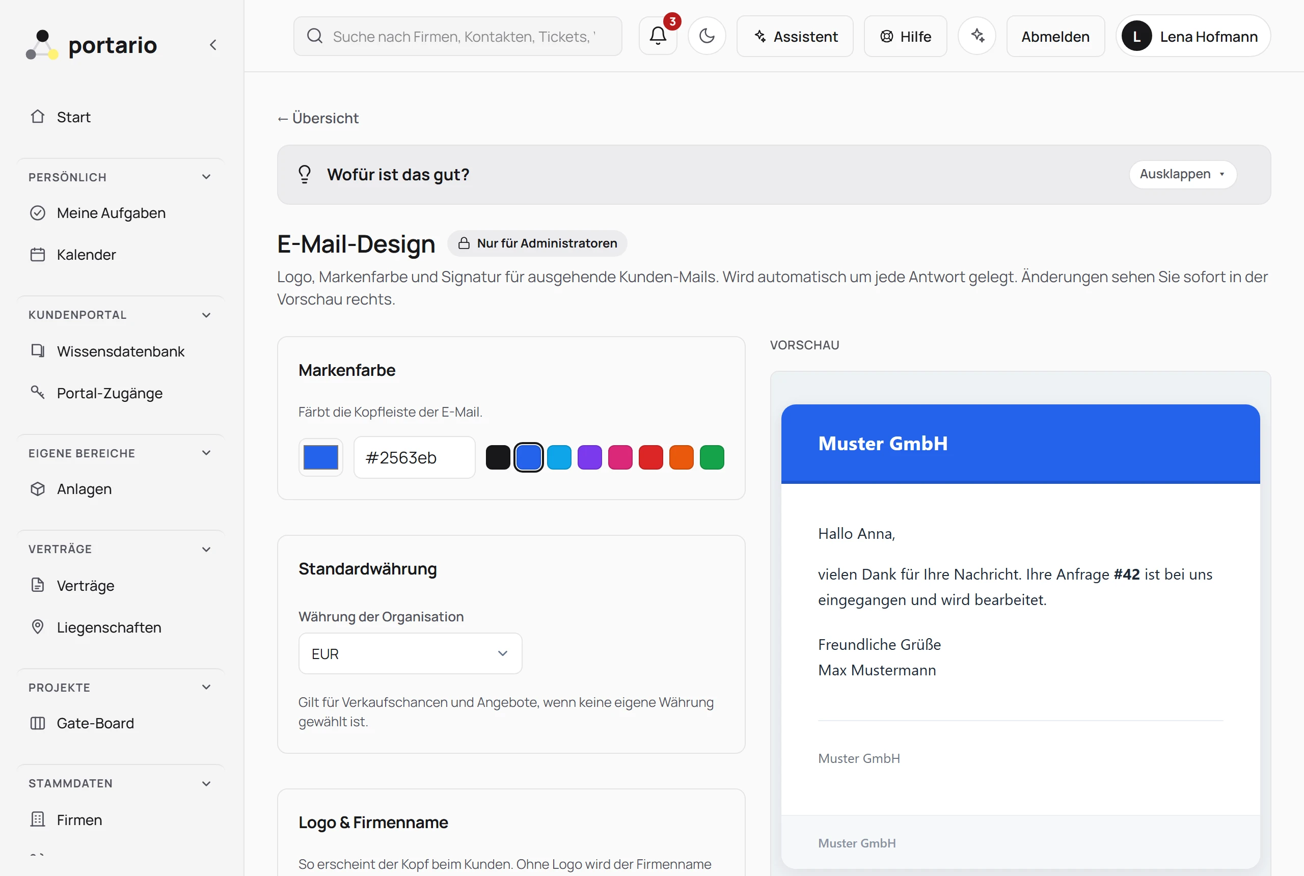 Einrichtung von Logo, Markenfarbe und Signatur mit Live-Vorschau der Mail