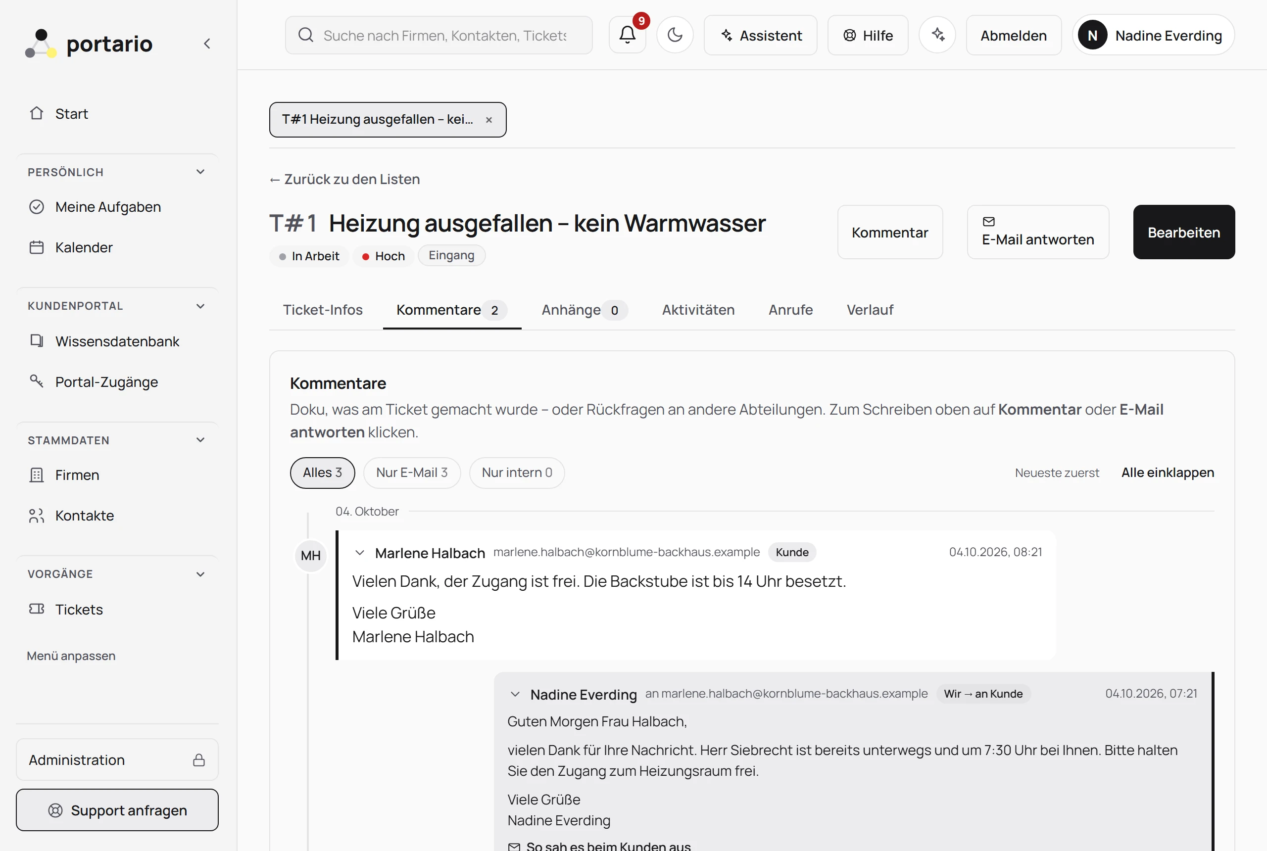 Vorgang „Heizung ausgefallen" mit E-Mail-Verlauf: Kundenmail, Antwort, Rückmeldung