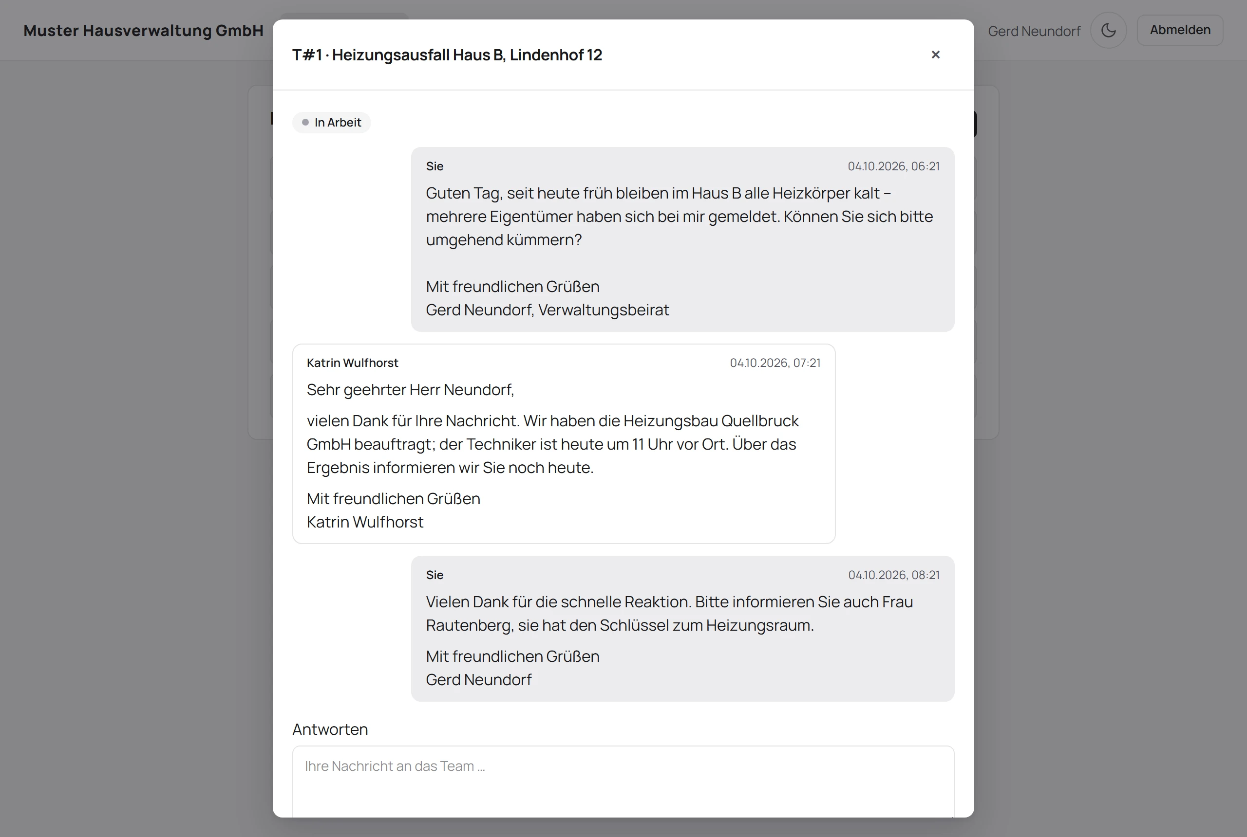 Kundenportal aus Sicht eines Verwaltungsbeirats: das Anliegen „Heizungsausfall Haus B" mit Meldung, Antwort der Verwaltung und Rückmeldung