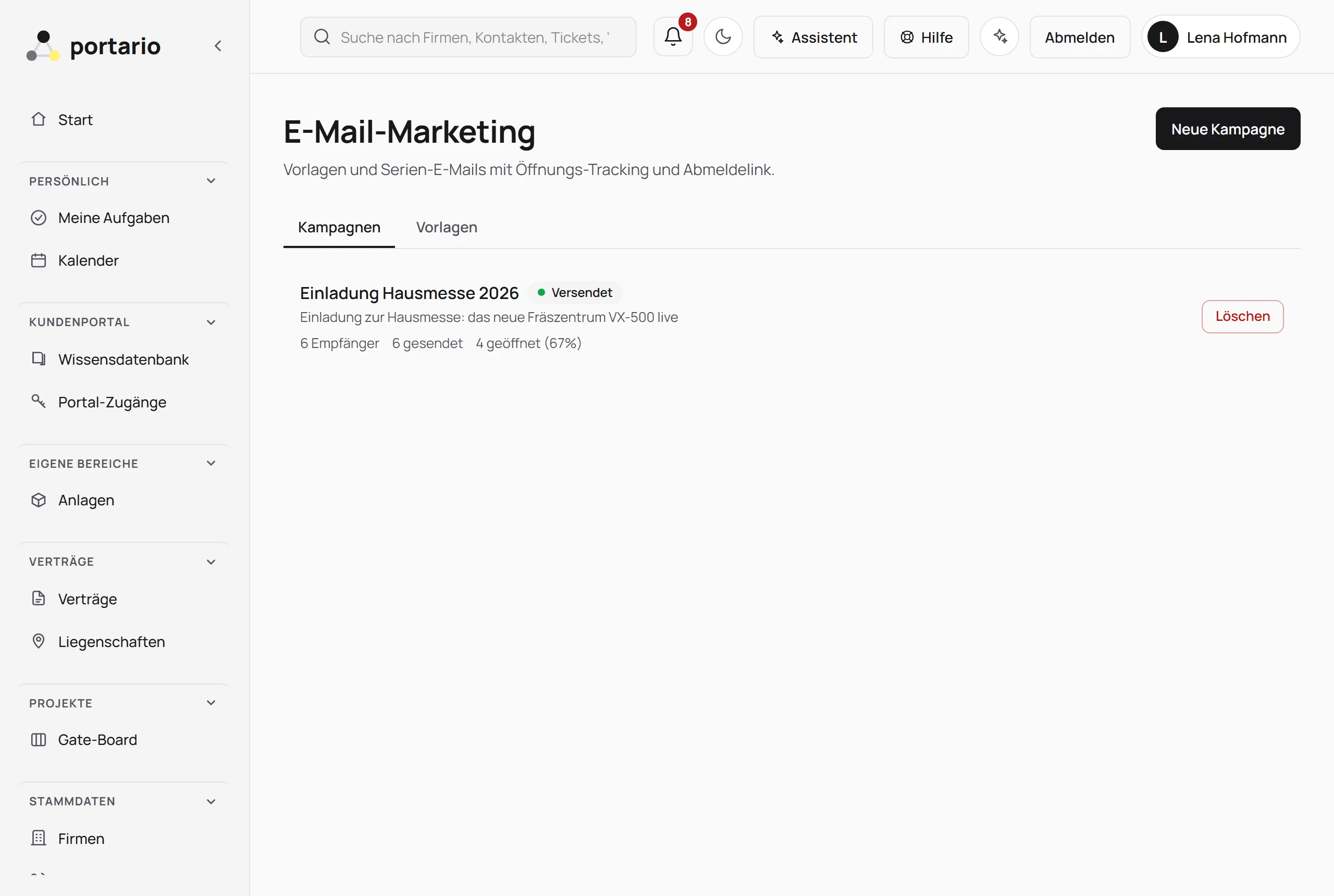 Kampagnen-Editor mit Empfängerauswahl und Nachricht