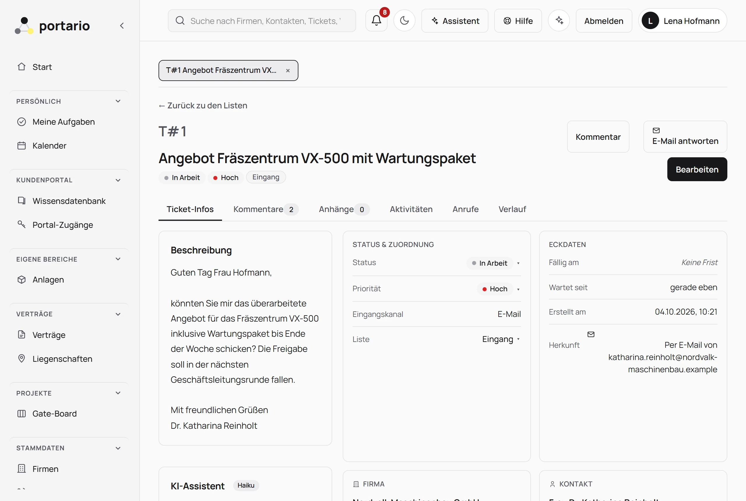 Ticket mit KI-Assistent: Zusammenfassung, Priorität und Antwort-Entwurf