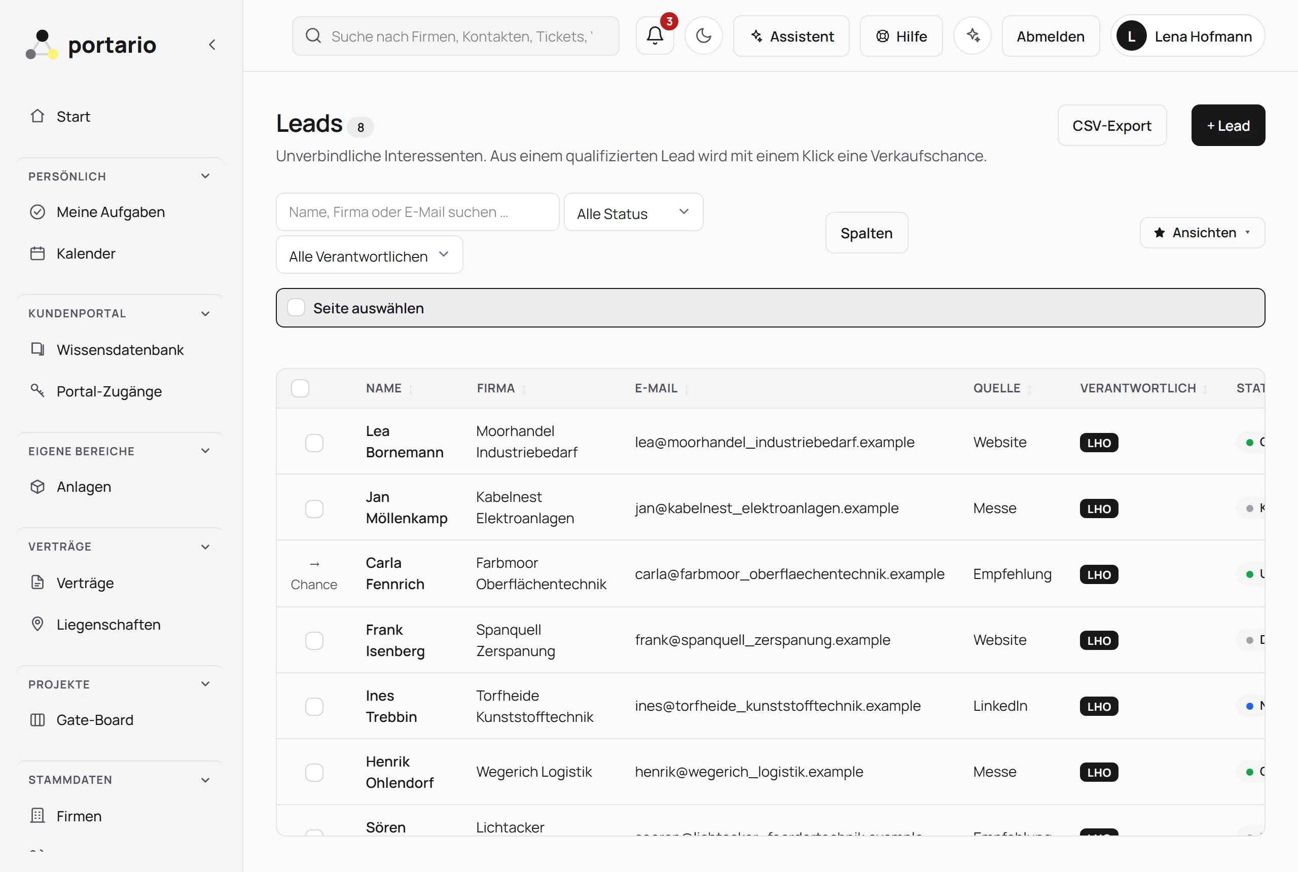Leads-Übersicht als sortierbare Tabelle mit Such- und Filterleiste