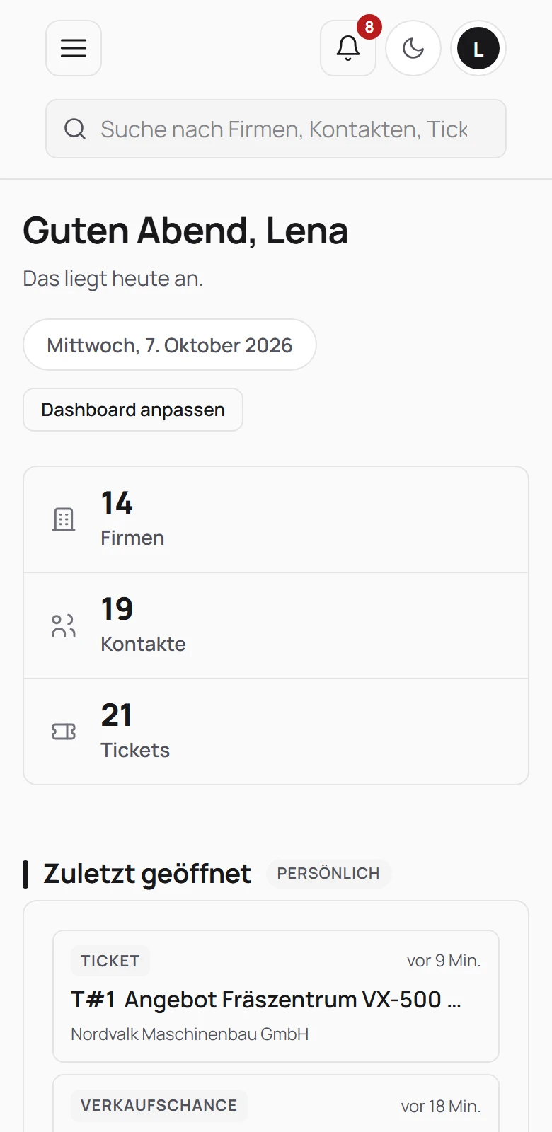 Startseite mit Kennzahlen auf dem Handy