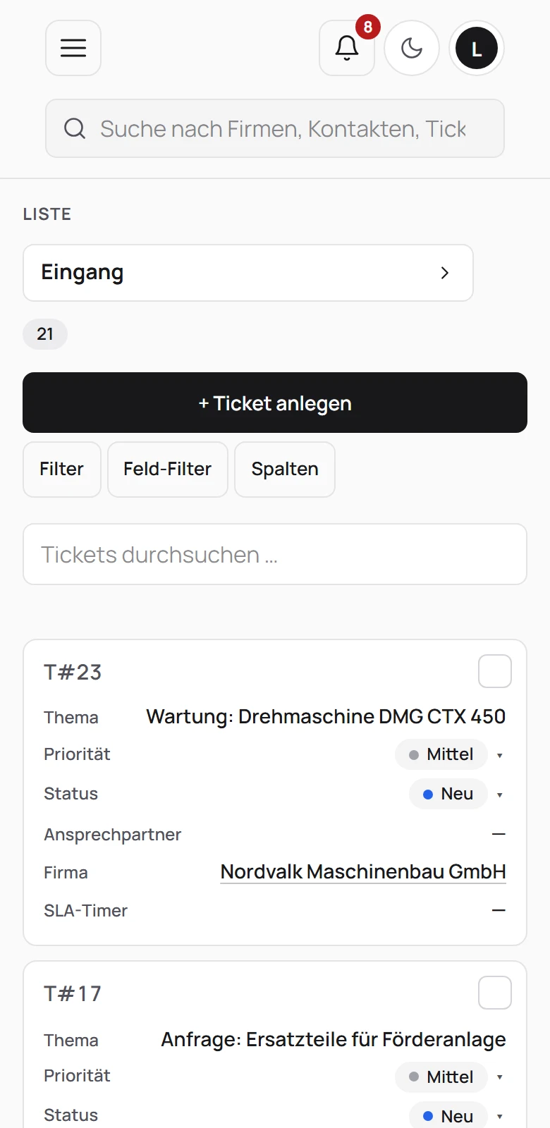 Serviceanfragen-Liste auf dem Handy