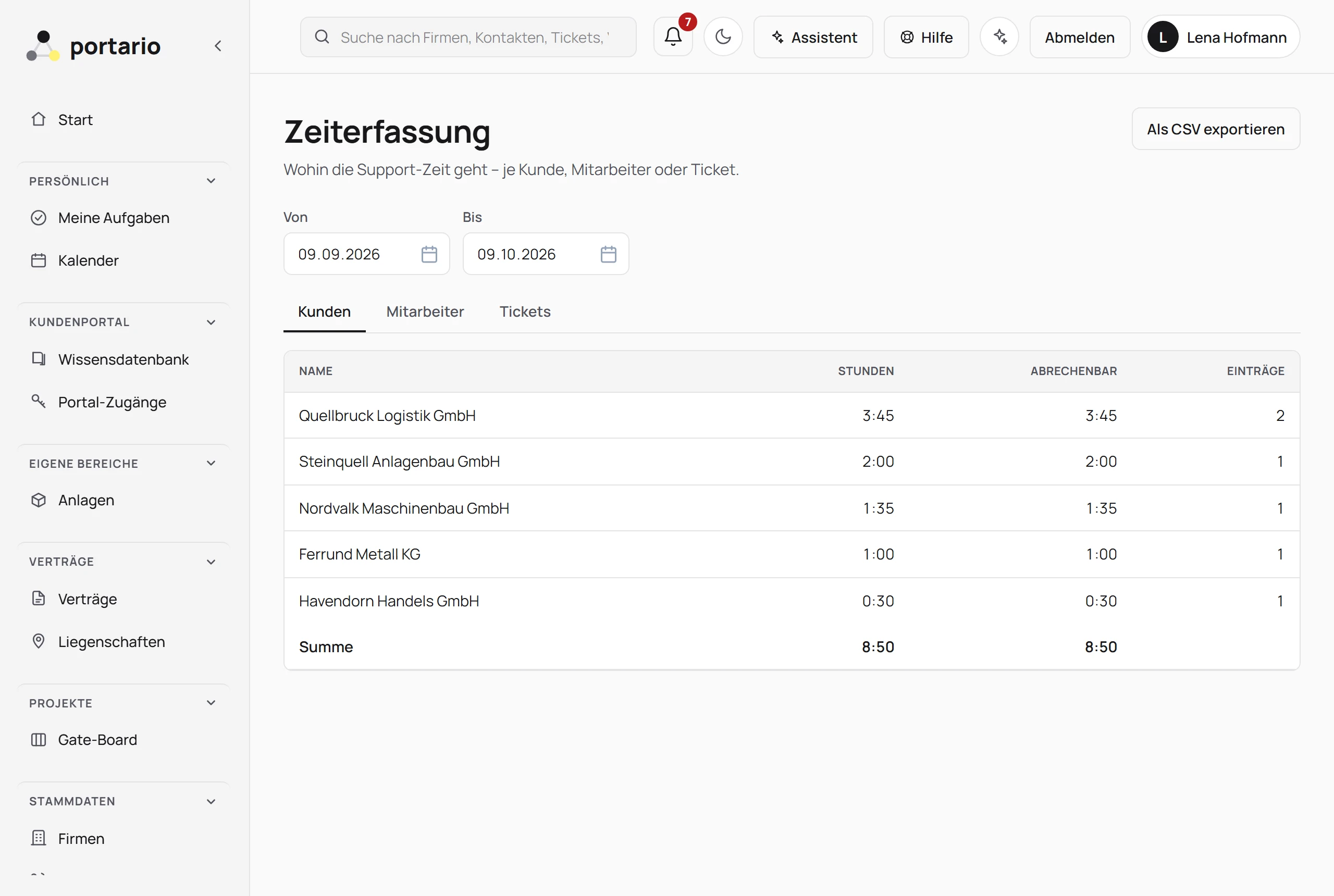 Zeiterfassung: Stunden je Kunde im gewählten Zeitraum, mit abrechenbarem Anteil und Summe