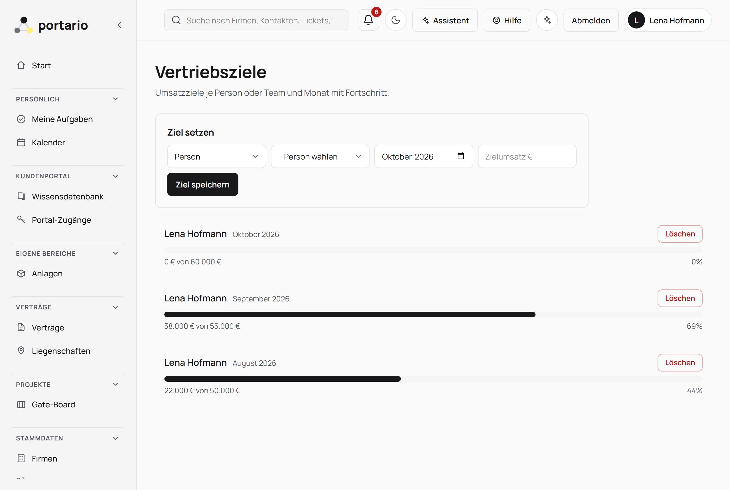Vertriebsziele je Person mit Fortschrittsbalken